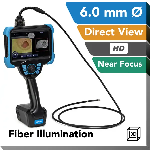 A handheld video borescope with a blue and black body, attached to a flexible black video probe, shown on a white background with promotional text overlays including '6.0 mm', 'Direct View', 'HD', 'Near Focus', 'Fiber Illumination', and a '3D' icon.