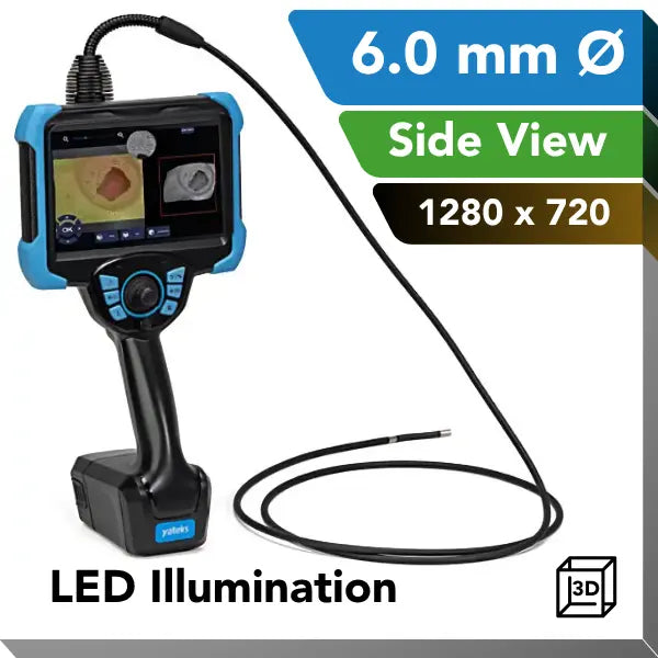 A handheld video borescope with a flexible black probe, shown in side view on a white background with promotional text overlays including '6.0 mm Ø', 'Side View', '1280 x 720', 'LED Illumination', and a small '3D' icon.