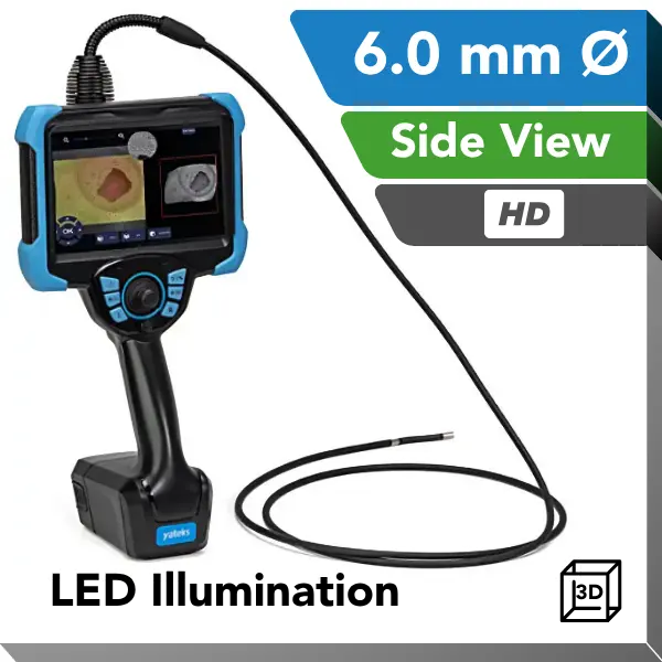 A handheld video borescope with a flexible black probe, blue and black handle, and attached screen, shown on a white background with text overlays reading '6.0 mm Ø', 'Side View', 'HD', 'LED Illumination', and a '3D' icon.
