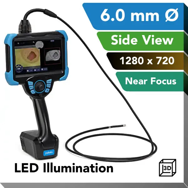 A handheld industrial video borescope with a blue and black body, attached flexible probe, and screen showing an internal view, on a white background with feature callouts including 6.0 mm diameter, side view, 1280 x 720 resolution, near focus, LED illumination, and 3D effect.