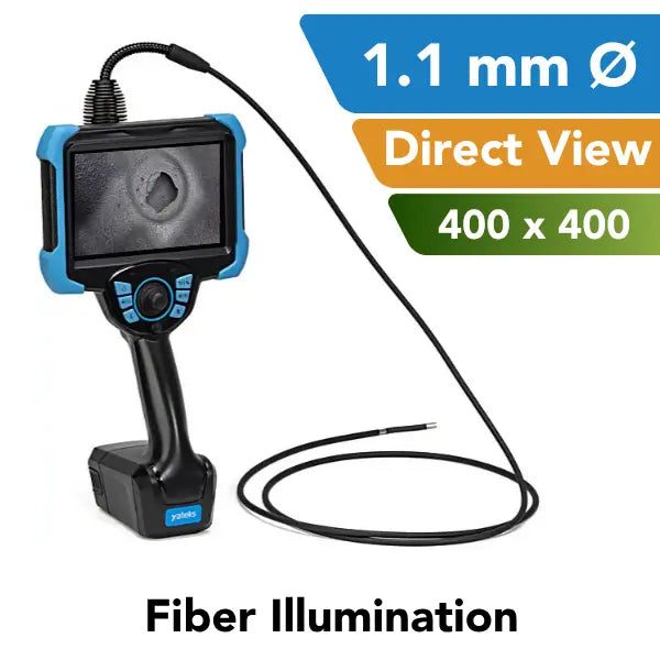 A black and blue video borescope with a flexible probe, shown on a white background with text overlays highlighting 1.1 mm diameter, direct view, 400x400 resolution, and fiber illumination.