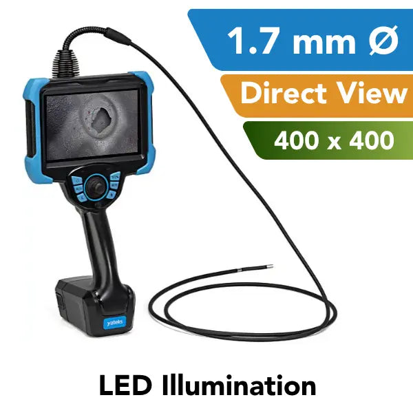 A black and blue video borescope with a flexible probe, shown on a white background with feature callouts including '1.7 mm Ø', 'Direct View', '400 x 400', and 'LED Illumination'.