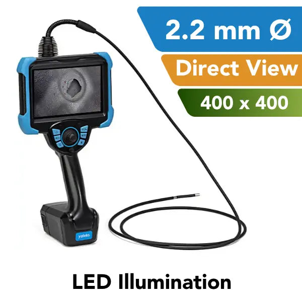 A handheld video borescope with a blue and black protective housing, attached to a flexible black probe, shown on a white background with feature callouts including '2.2 mm Ø', 'Direct View', '400 x 400', and 'LED Illumination'.