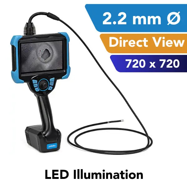 A black and blue video borescope with a flexible black probe, shown on a white background with feature callouts including '2.2 mm Ø', 'Direct View', '720 x 720', and 'LED Illumination'.
