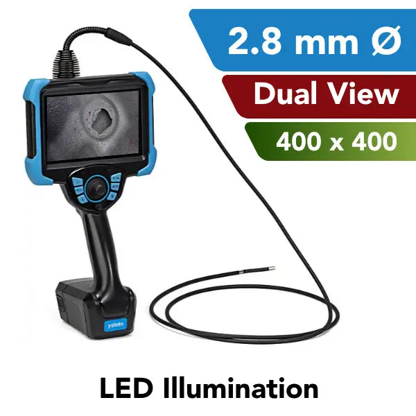 Black and blue video borescope with a flexible balck probe, shown on a white background with feature callouts including '2.8 mm Ø', 'Dual View', '400 x 400', and 'LED Illumination'.
