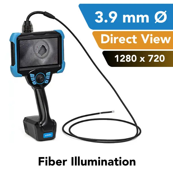 A fiber optic video borescope with a blue and black protective handle, attached to a long black probe. The screen displays an interior view. There are graphics showing 3.9 mm, Direct View, and 1280 x 720