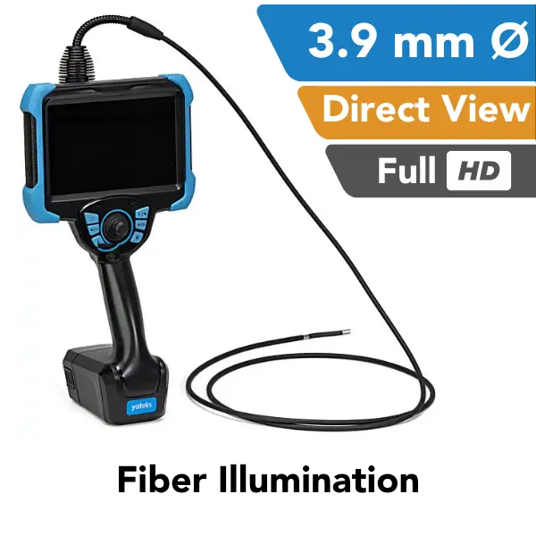 A handheld video borescope with a blue and black handle, attached to a long black probe. The image includes text overlays highlighting features: '3.9 mm' 'Direct View' and Full HD
