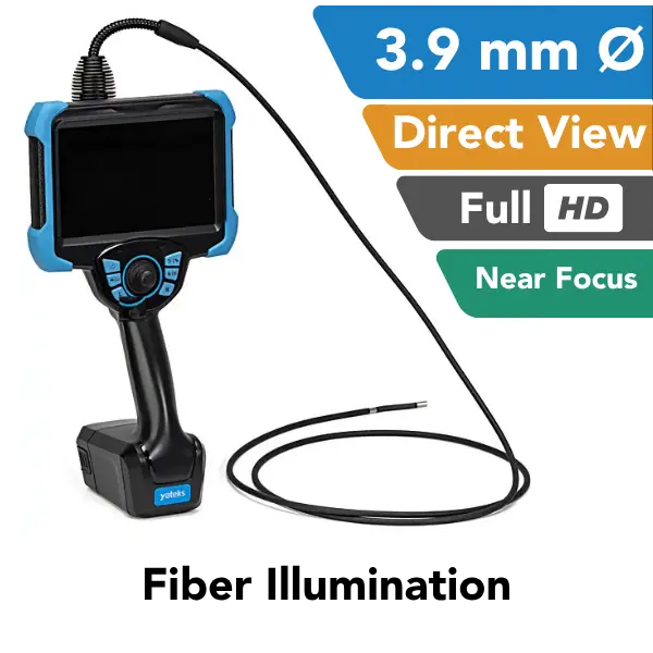 A handheld video borescope with a blue and black handle, attached to a long black flexible probe, shown on a white background with feature callouts including '3.9 mm Ø', 'Direct View', 'Full HD', 'Near Focus', and 'Fiber Illumination'.