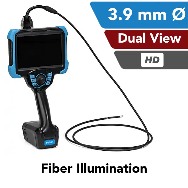 A handheld video borescope with a blue and black handle, attached to a long flexible black probe. The image includes text overlays highlighting features: '3.9 mm'and 'Dual View' and HD.