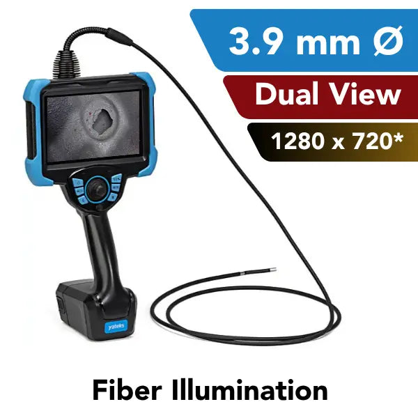 A black and blue video borescope with a long black probe, shown on a white background with feature callouts including '8.4 mm Ø', 'Dual View', '1280 x 720', and 'LED Illumination'.