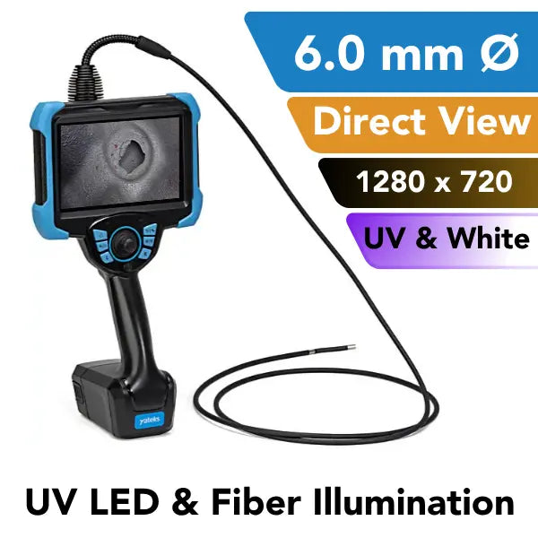 A handheld video borescope with a black and blue body, attached to a long black probe, shown on a white background with promotional text overlays highlighting 6.0 mm diameter, direct view, 1280 x 720 resolution, UV and white light, and UV LED & Fiber Illumination.