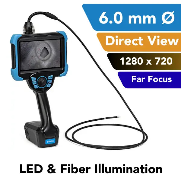 A handheld video borescope with a black and blue body, attached to a long black probe, shown on a white background with promotional text overlays highlighting 6.0 mm diameter, direct view, 1280 x 720 resolution, far focus, and LED & fiber illumination.