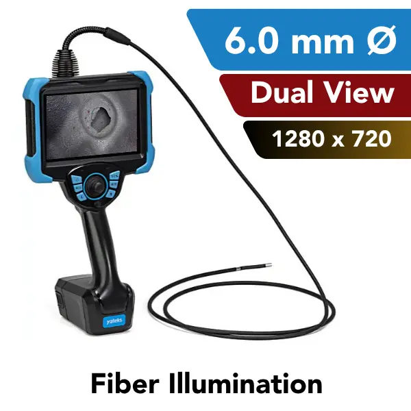 Black and blue video borescope with a flexible black probe, shown on a white background with feature callouts including '6.0 mm Ø', 'Dual View', '1280 x 720', and 'Fiber Illumination'.