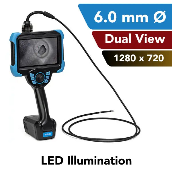 Black and blue video borescope with a flexible black probe, shown on a white background with feature callouts including '6.0 mm Ø', 'Dual View', '1280 x 720', and 'LED Illumination'.