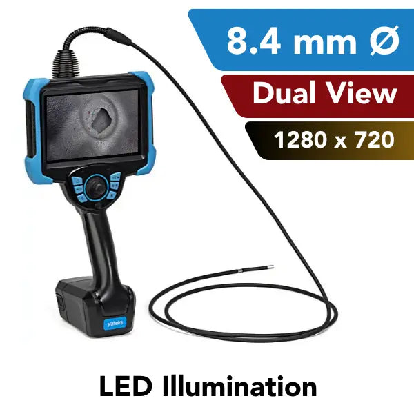 A black and blue video borescopes with a long black probe, shown on a white background with feature callouts including '8.4 mm Ø', 'Dual View', '1280 x 720', and 'LED Illumination'.