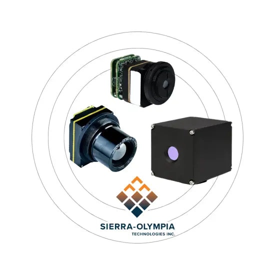 3 camera components arranged around Sierra-Olympia Technologies Inc. logo on a white background