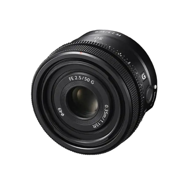 Sony FE 50mm f/2.5 E-mount Lens front-left facing