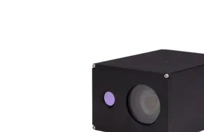 Black dual LWIR and visiable camera system on a white background