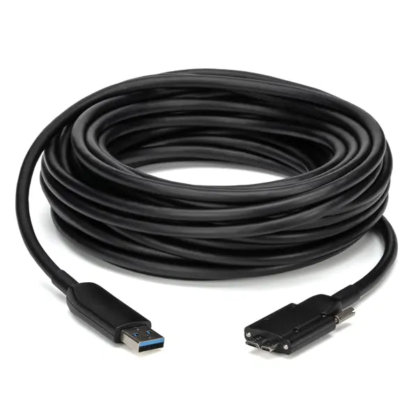 Coiled black USB cable with connectors on a white background