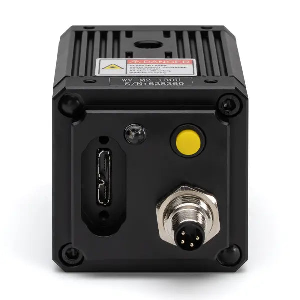 Black cube camera device facing back with USB out port, button and power connector on a white background 
