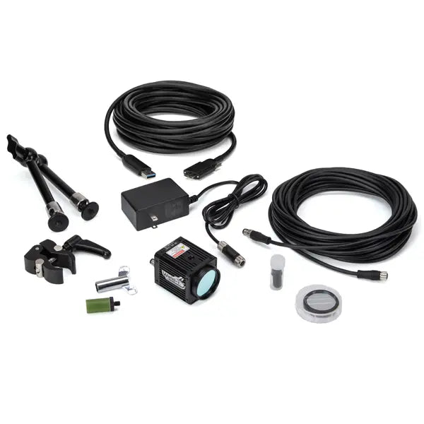 Collection of black camera, electronic, and cables components on a white background