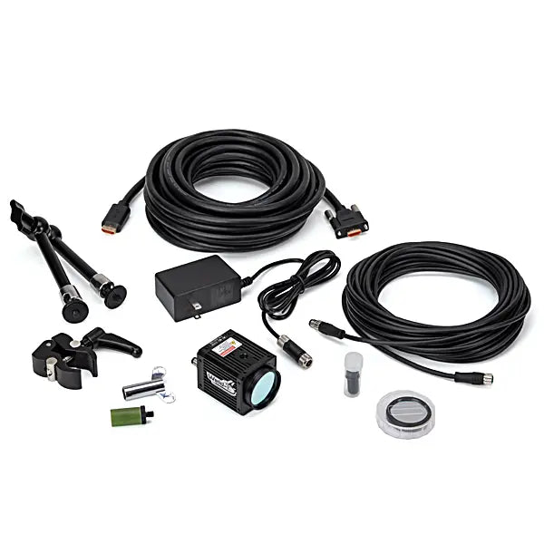 Collection of black camera, electronic, and cables components on a white background
