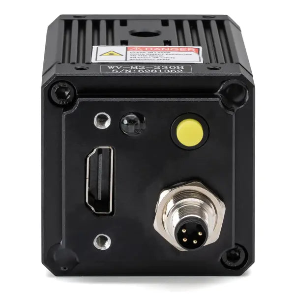 Black cube camera device facing back with HDMI out port, button and power connector on a white background 