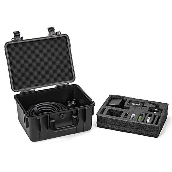 Black hard-shell protective case with foam interior on a white background