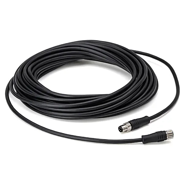Coiled black cable with connectors on a white background