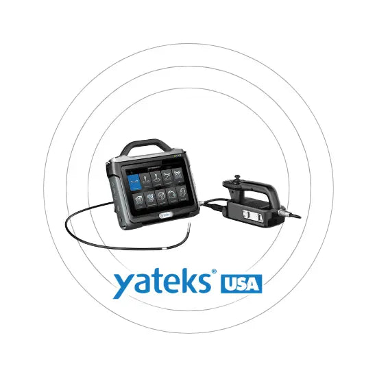 A Yateks USA handheld industrial video borescope with a touchscreen display connected to a black cable and probe, shown on a white background with circular graphic lines and the Yateks USA logo below.