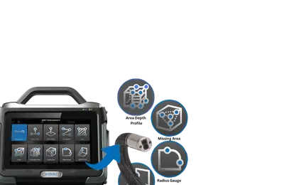 A rugged handheld electronic device with a touchscreen display on a white background, accompanied by three circular feature icons and a blue arrow pointing toward the device.