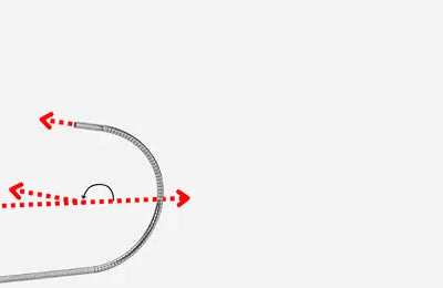 Diagram of an articulating video borescope with red arrows and dashed lines on a white background