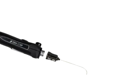 Black fiber optic cable connector on a white background