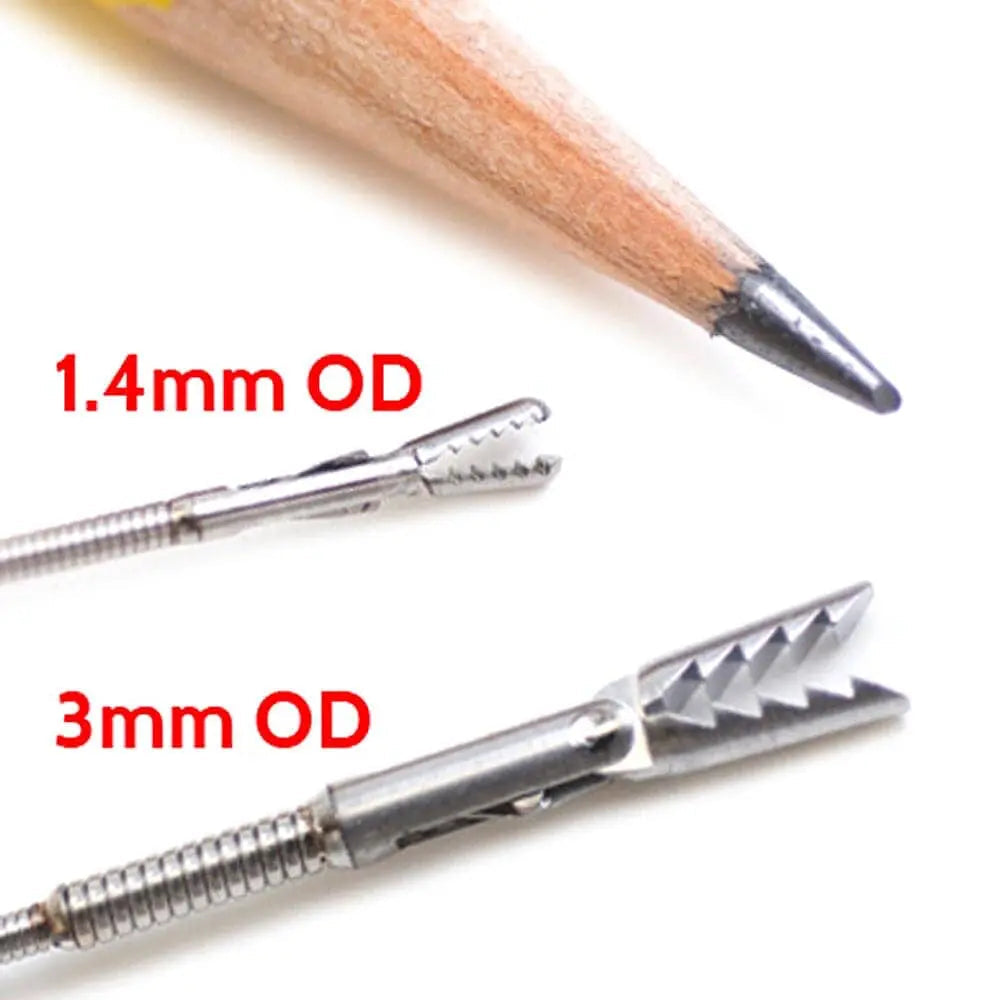 igrab 1.4mm and 3mm Micro Alligator FOD retrieval tools open with pencil tip